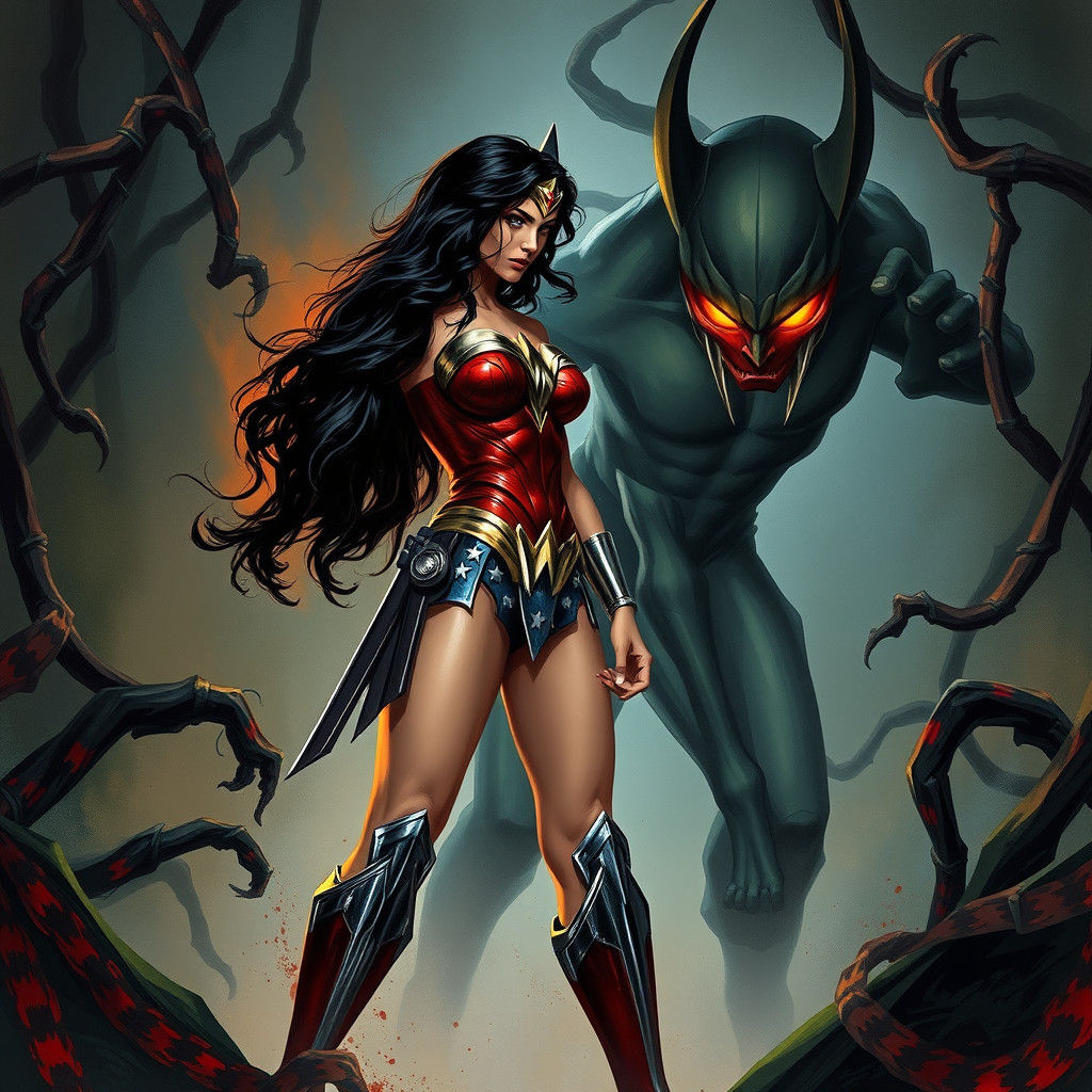 Wonder Woman vs Cheetah in Jungle, Comic Book Style