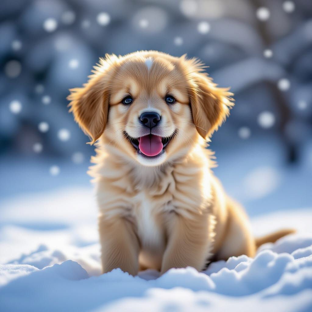 Joyful Golden Retriever Puppy in Snow