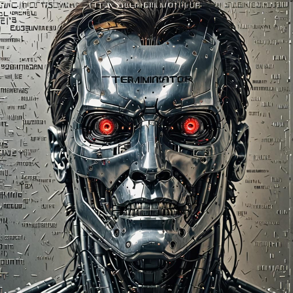 Cybernetic Terminator Holding Skynet Sign in Hyperrealistic ...