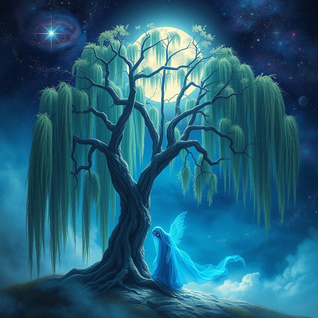 Blue Ghost Cries Under Cosmic Willow Tree