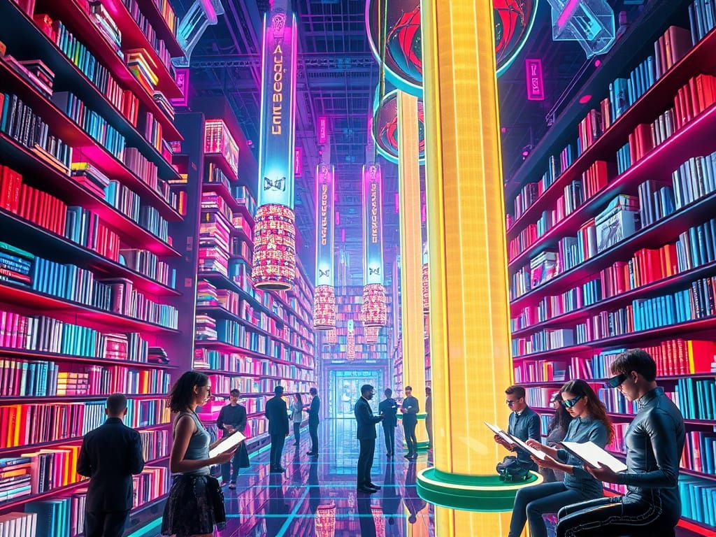 Neon Library of Tomorrow in Cyberpunk Style