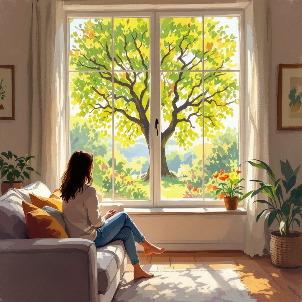 Impressionist Living Room with Stunning Tree View