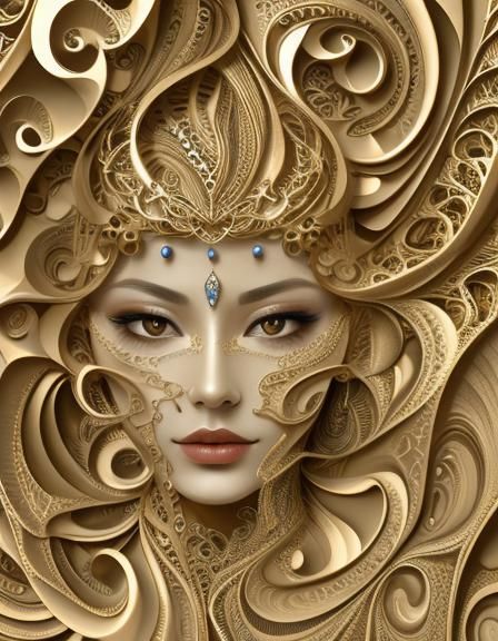 Golden Surrealist Face with Abstract Shapes