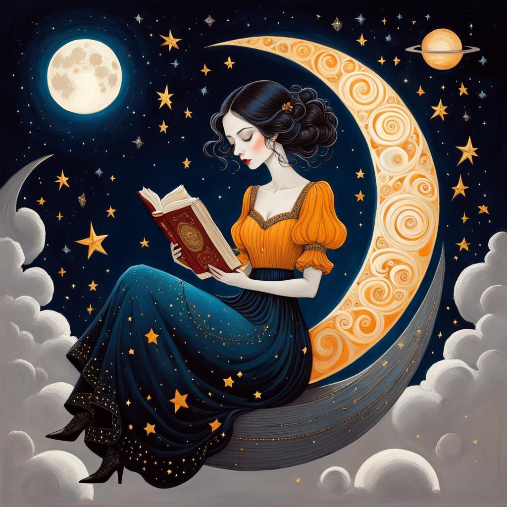 Girl Reading on Moon in Surreal Style