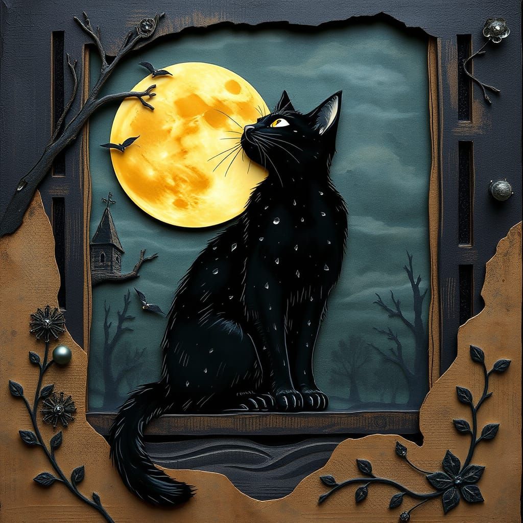 Mystical Black Cat Gazing at Full Moon in Relief Die-Cut Art
