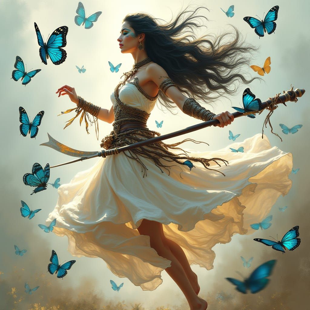 Ethereal Warrior Dances with Iridescent Butterflies