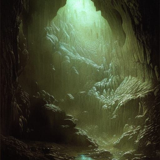 Reptilian Cave: An Oil Painting in Dark Fantasy Style
