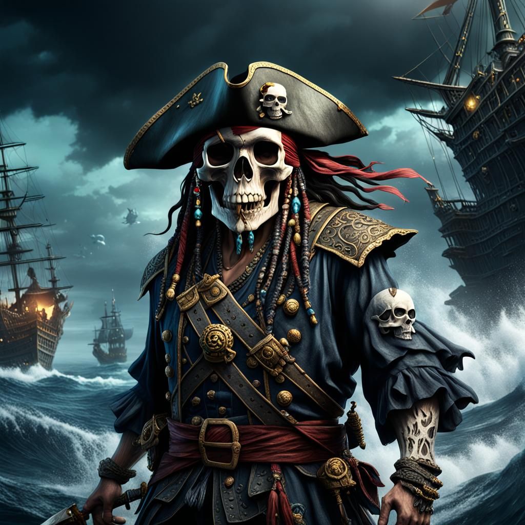 Skull-Headed Pirate Emerges from the Dark Ocean