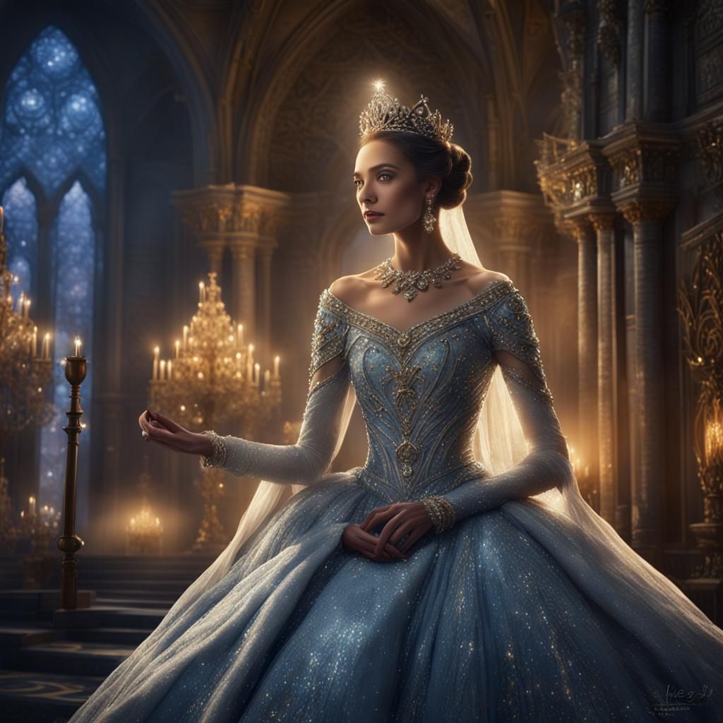 Ethereal Princess in Starry Castle, Art Nouveau Portrait