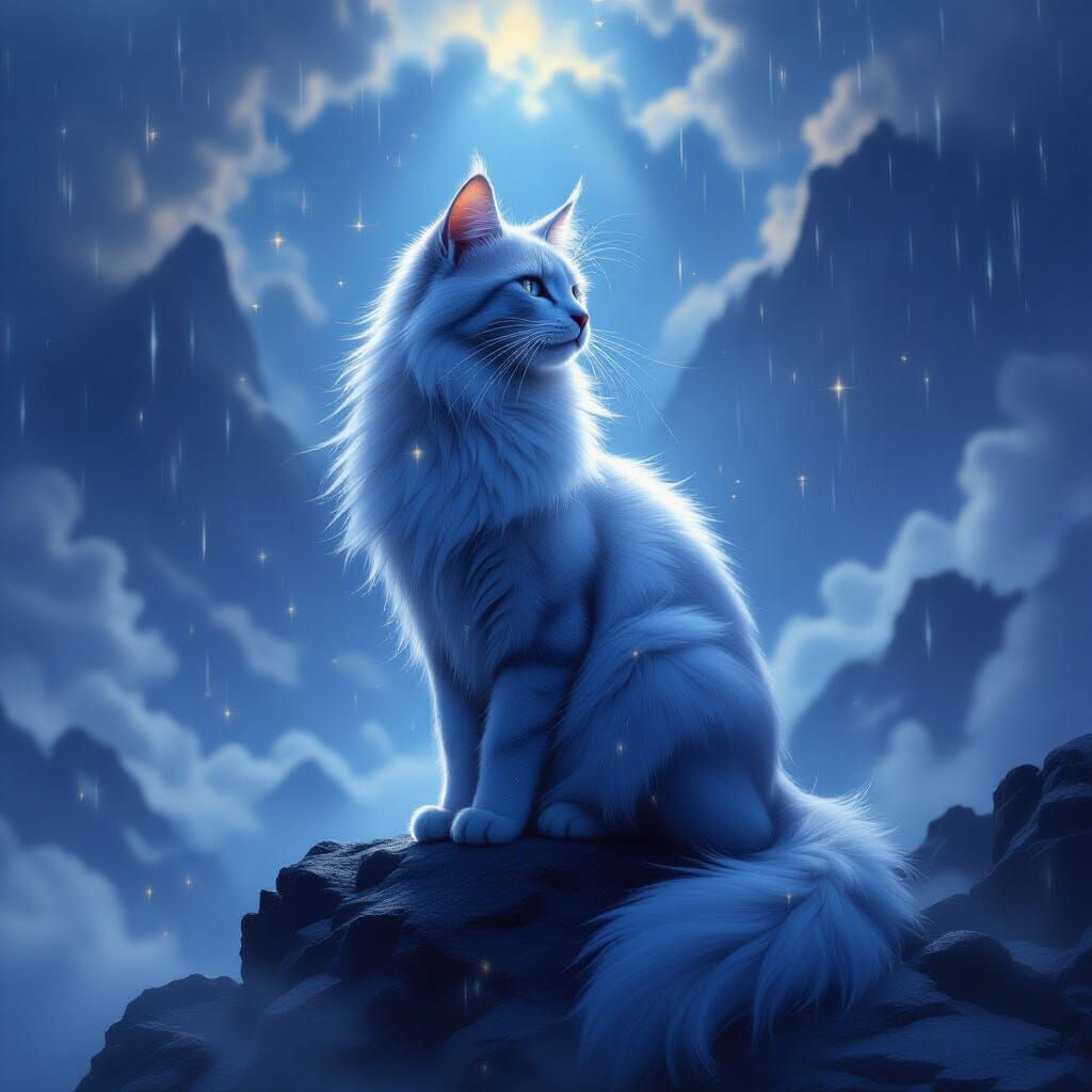 Cosmic Feline of Stardust on Mountaintop