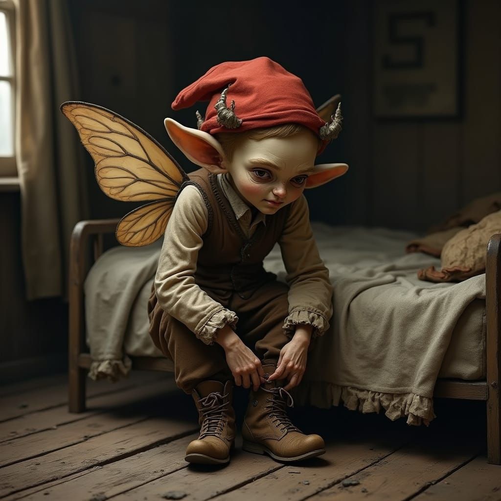 Hyper Realistic Portrait of Small Humanoid on Rustic Bed