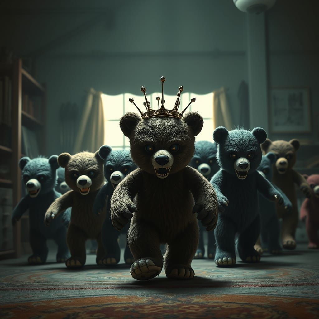 Evil Stuffed Animals Marching in Dark Fantasy Style