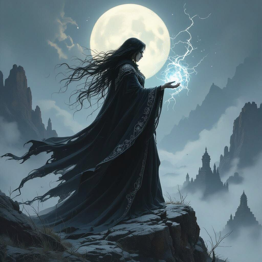 Sorceress on Windswept Peak in Dark Fantasy Style