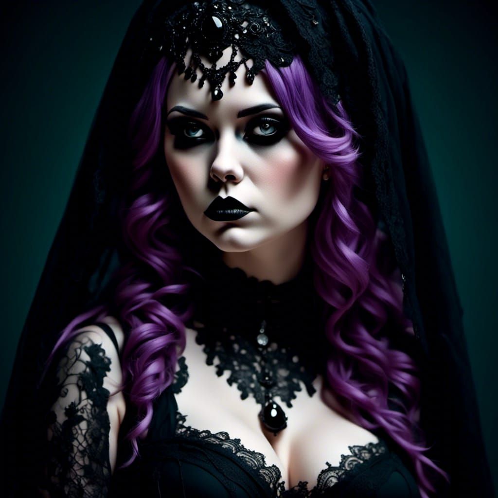 Mourning Widow in Black Lace Veil