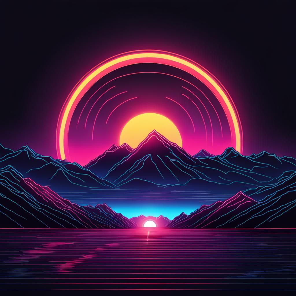Synthwave Sun Over Blue Mountain in Black Sky
