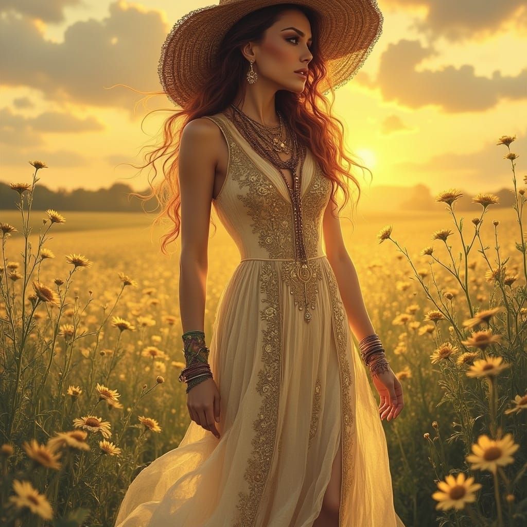 Surreal Bohemian Goddess in Golden Sunset