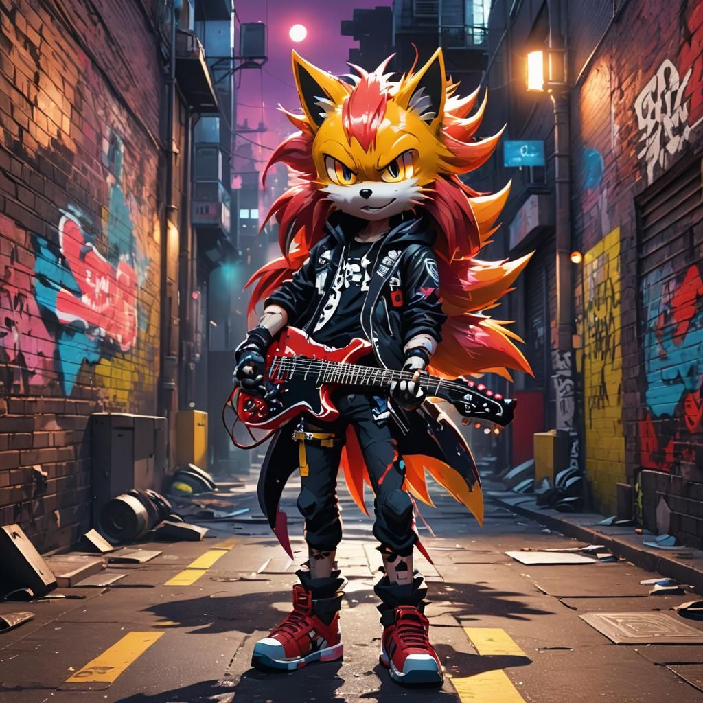 Punk Tails in Cyberpunk Anime Cityscape