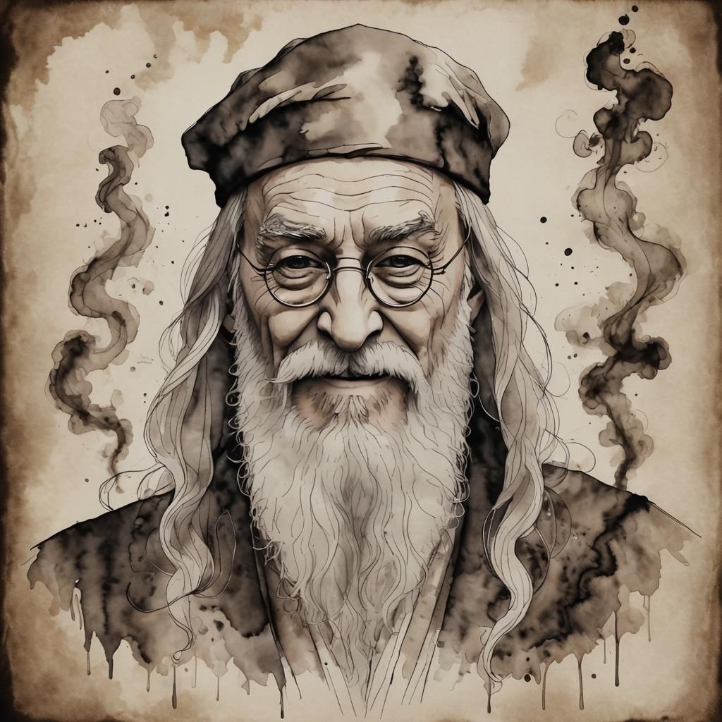 Minimalist Smoke Portrait of Dumbledore in Alcohol Ink Style