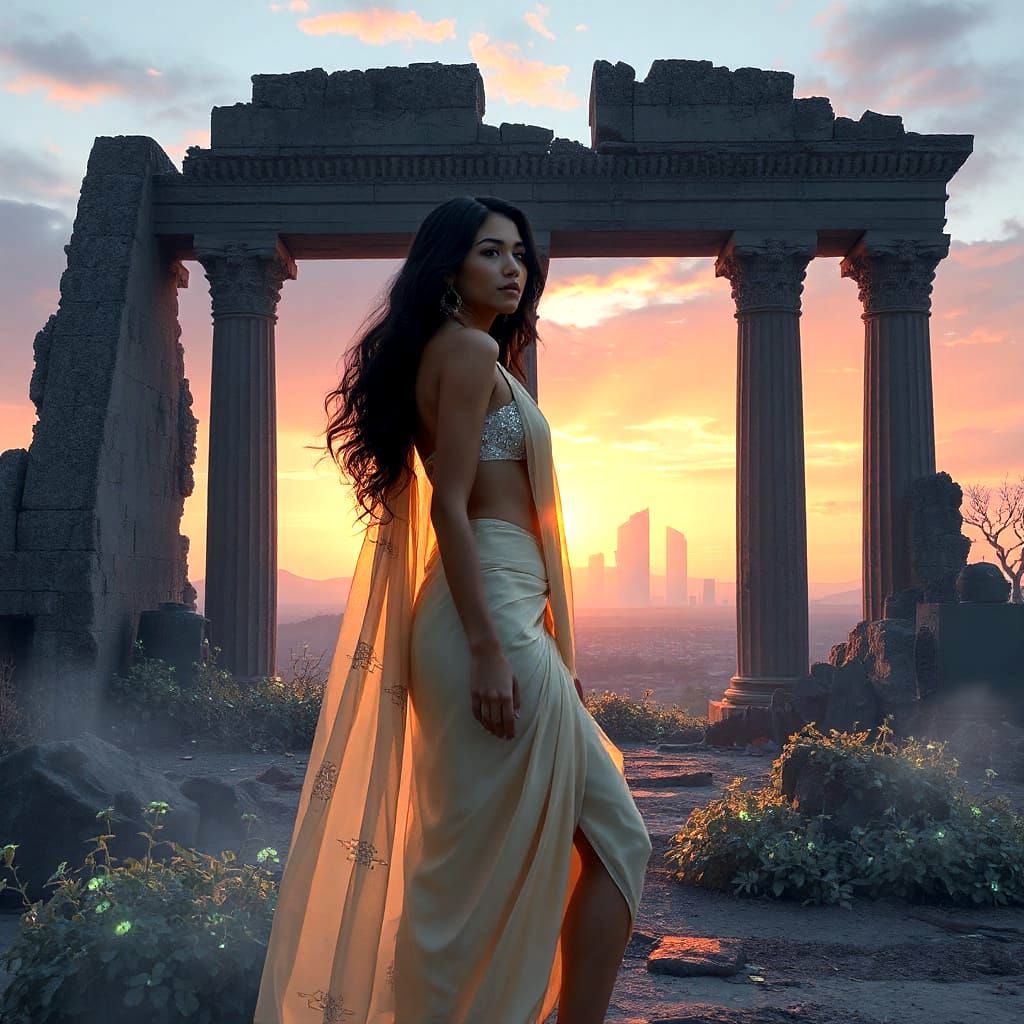 Dominican Woman in Circuit Sari Amidst Ancient Ruins