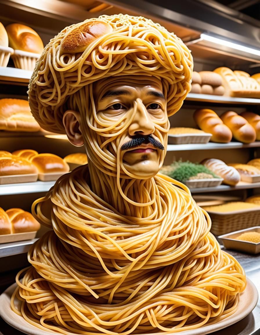 Spaghetti Person with Bread Hat in Bakery