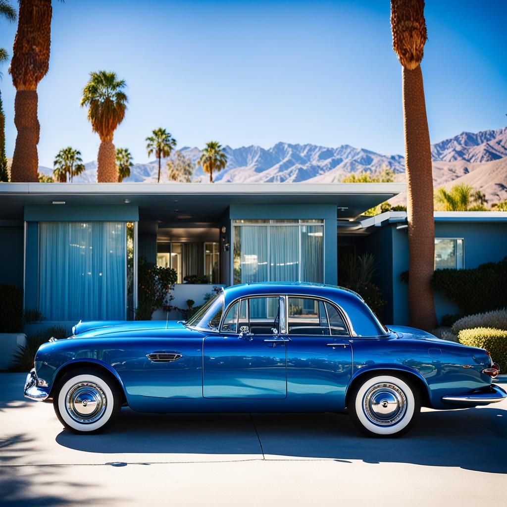 Blue Car Outside 1960s Palm Springs House