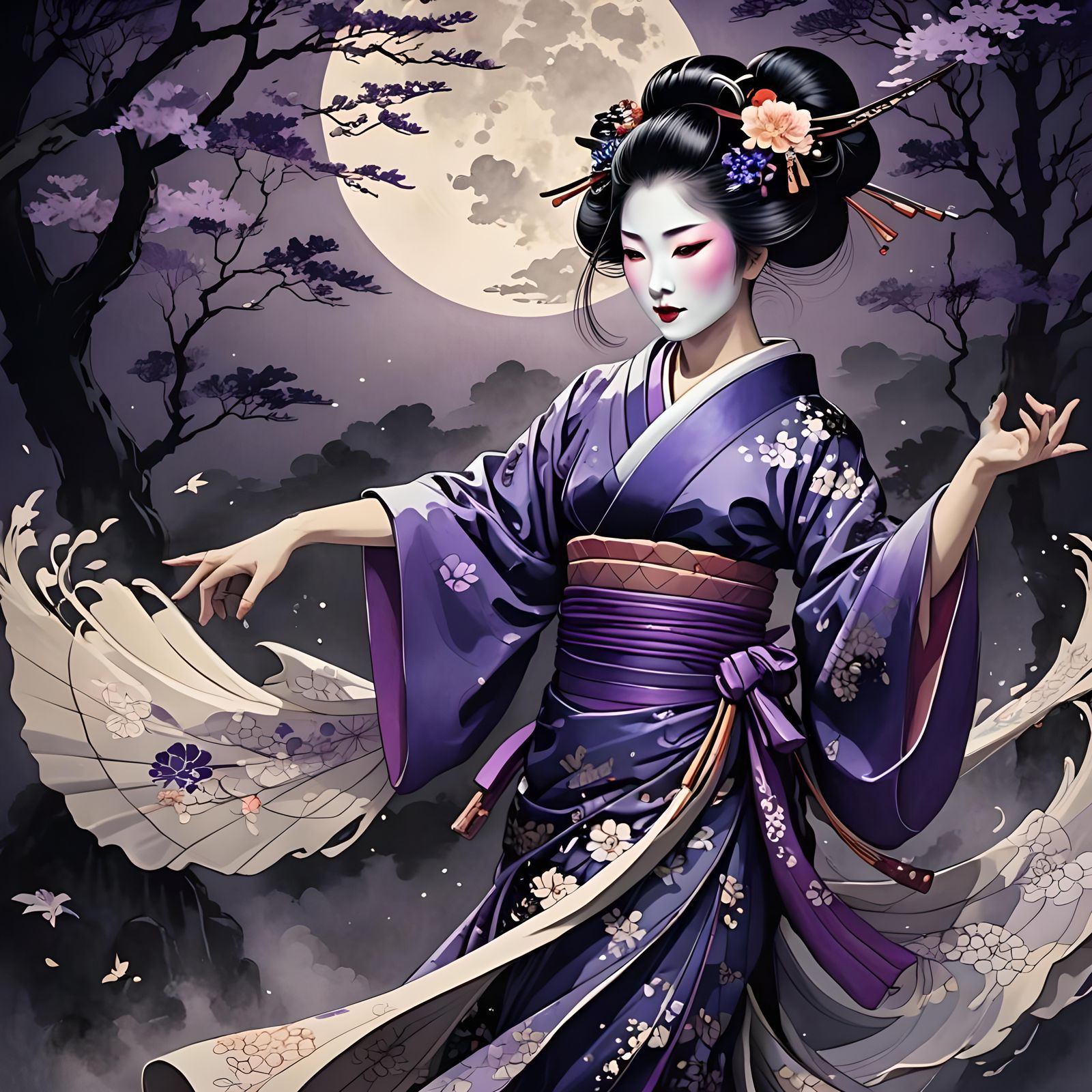 Geisha lady dancing wildly at midnight.