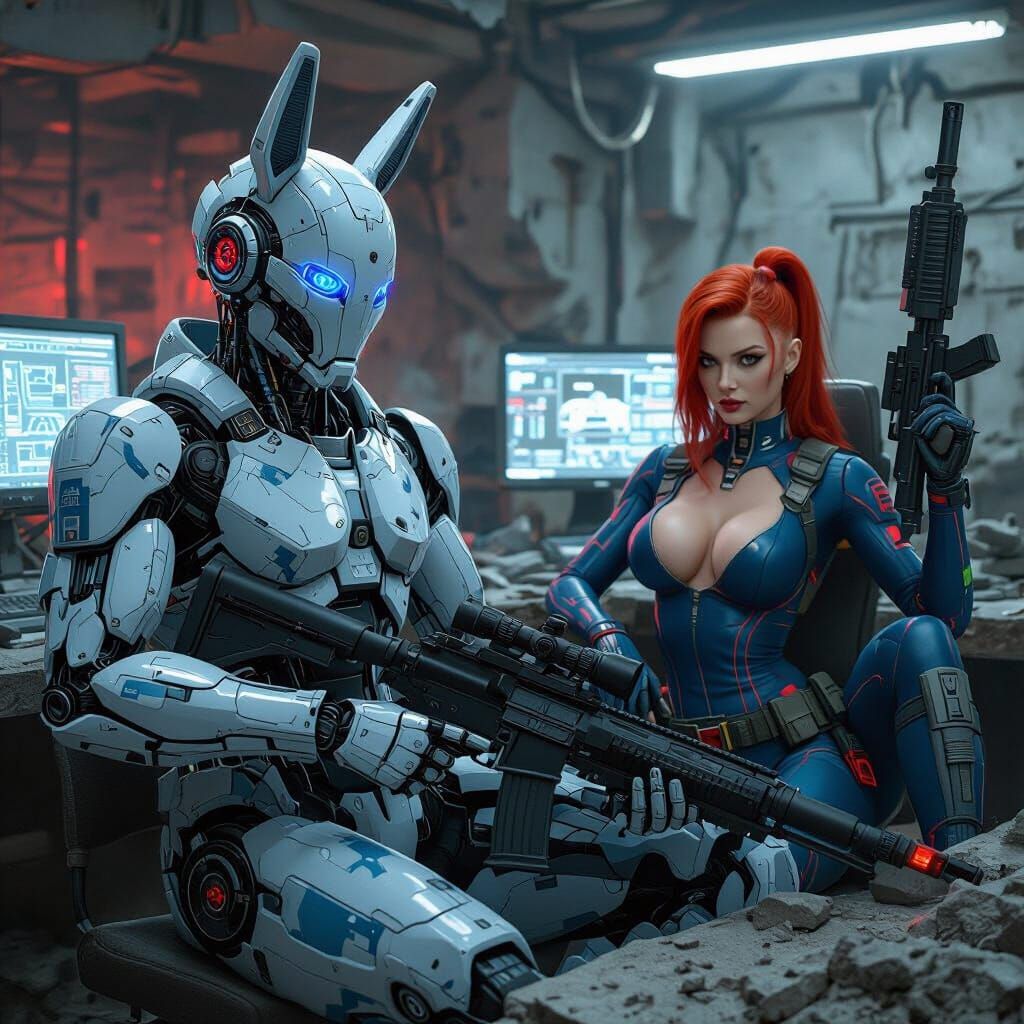 Cyborg and ESWAT Warrior in Cyberpunk Command Post