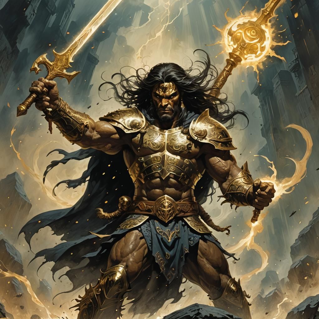 Warrior with Glowing Mace in Mythic Fantasy Style