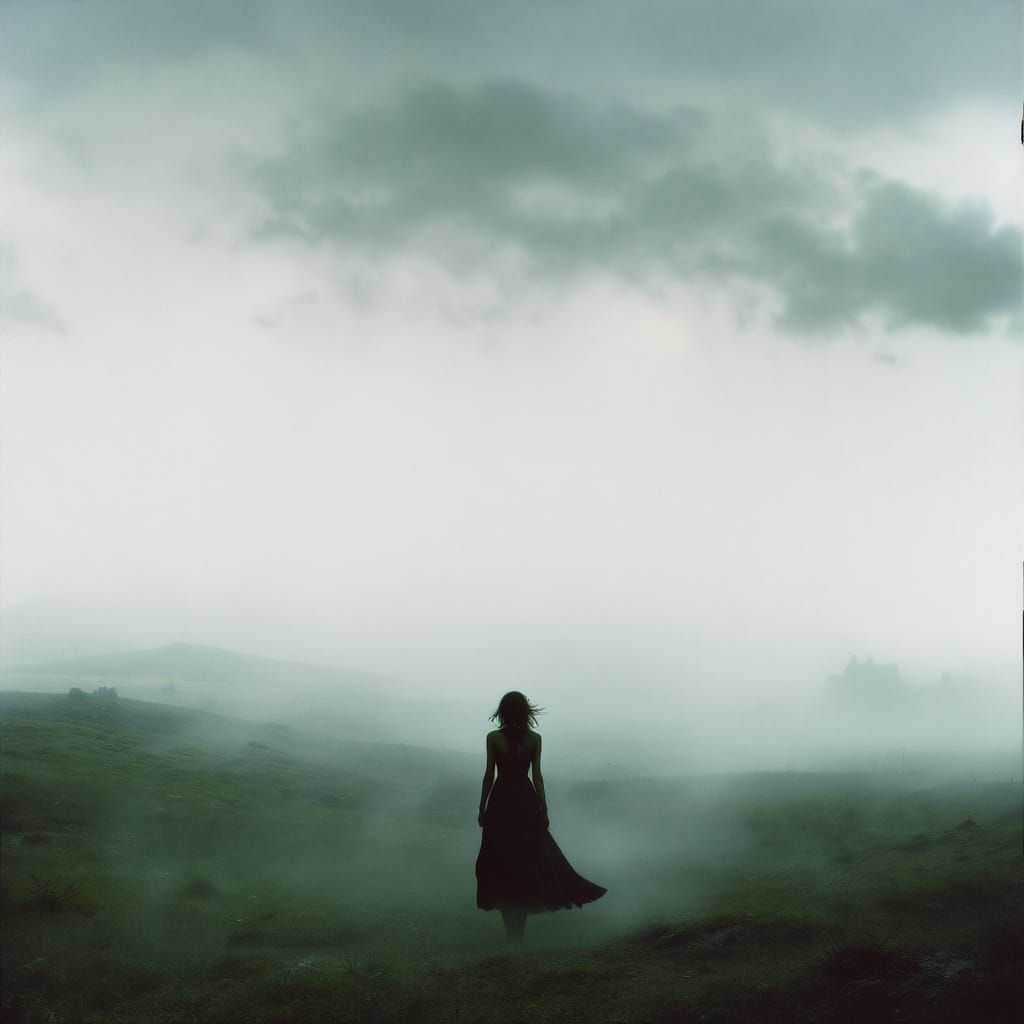 Gothic Woman Seeks Family in Stormy Landscape, Shrouded in B...