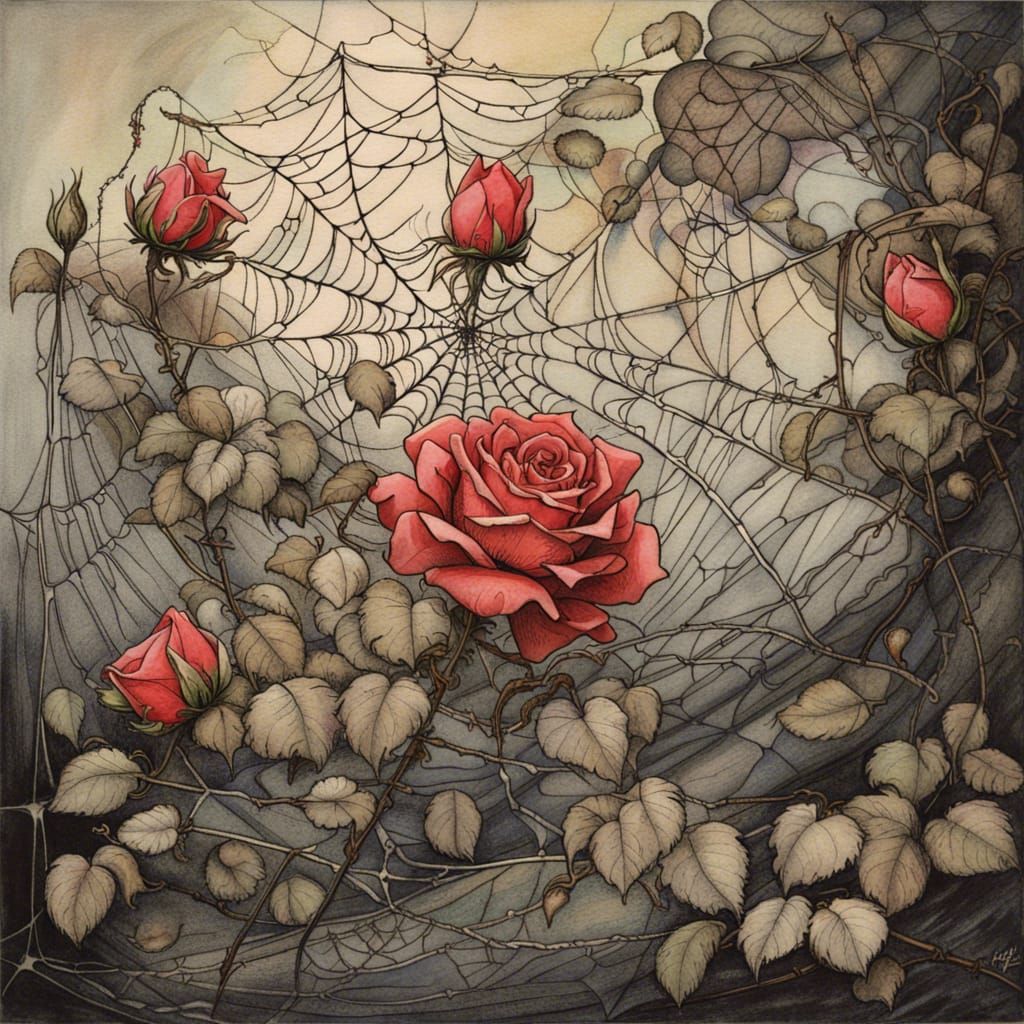 Spiderweb with Rose Petals in Vintage Style