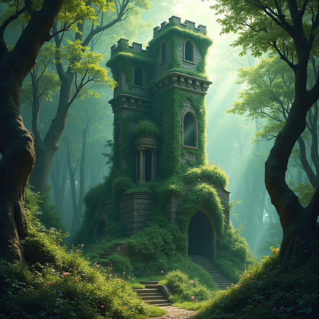 Moss-Covered Wizard's Tower in Mystical Forest