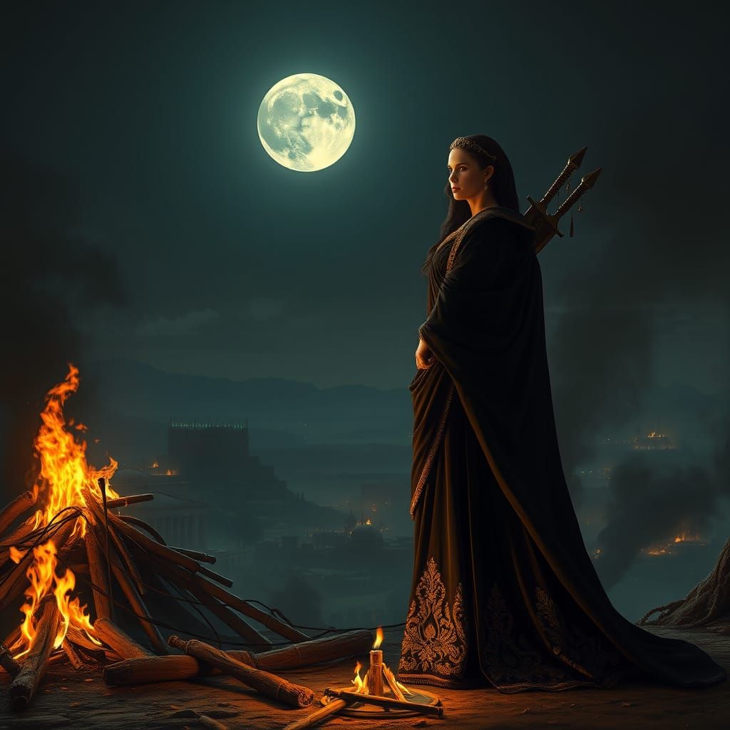 Goddess-like Widow at Hero's Pyre in Ancient City