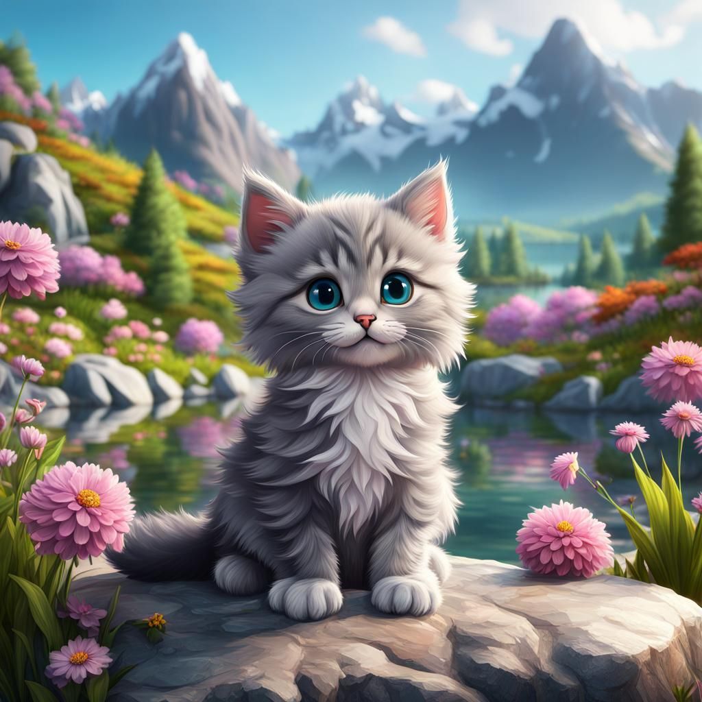 Chibi Kitten in a Fantastical Landscape