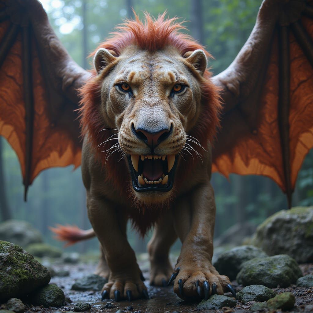 Majestic Manticore with Human Head and Wings, in Vibrant Fan...