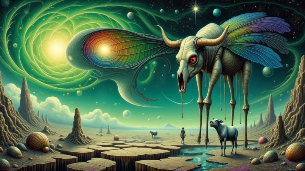 Surreal Landscape with Feather Vortex and Giant Eye