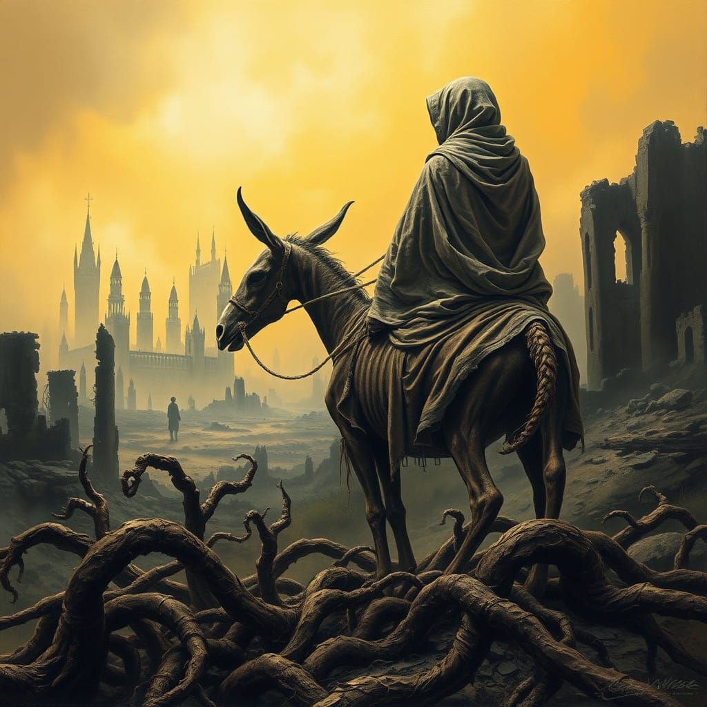 Dystopian Rider in Ruined Cityscape Oil Painting