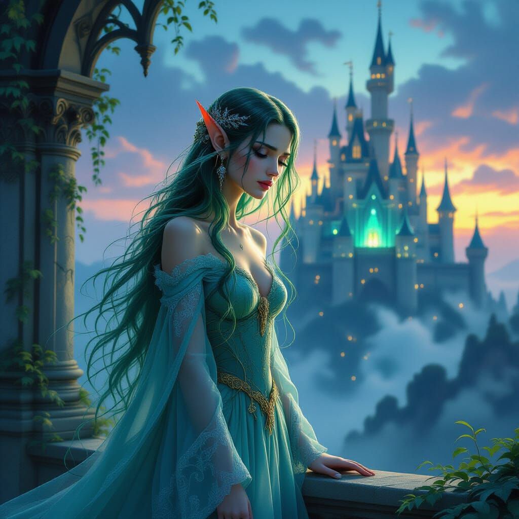 Sorrowful Elf Woman Before Ancient Castle in Twilight