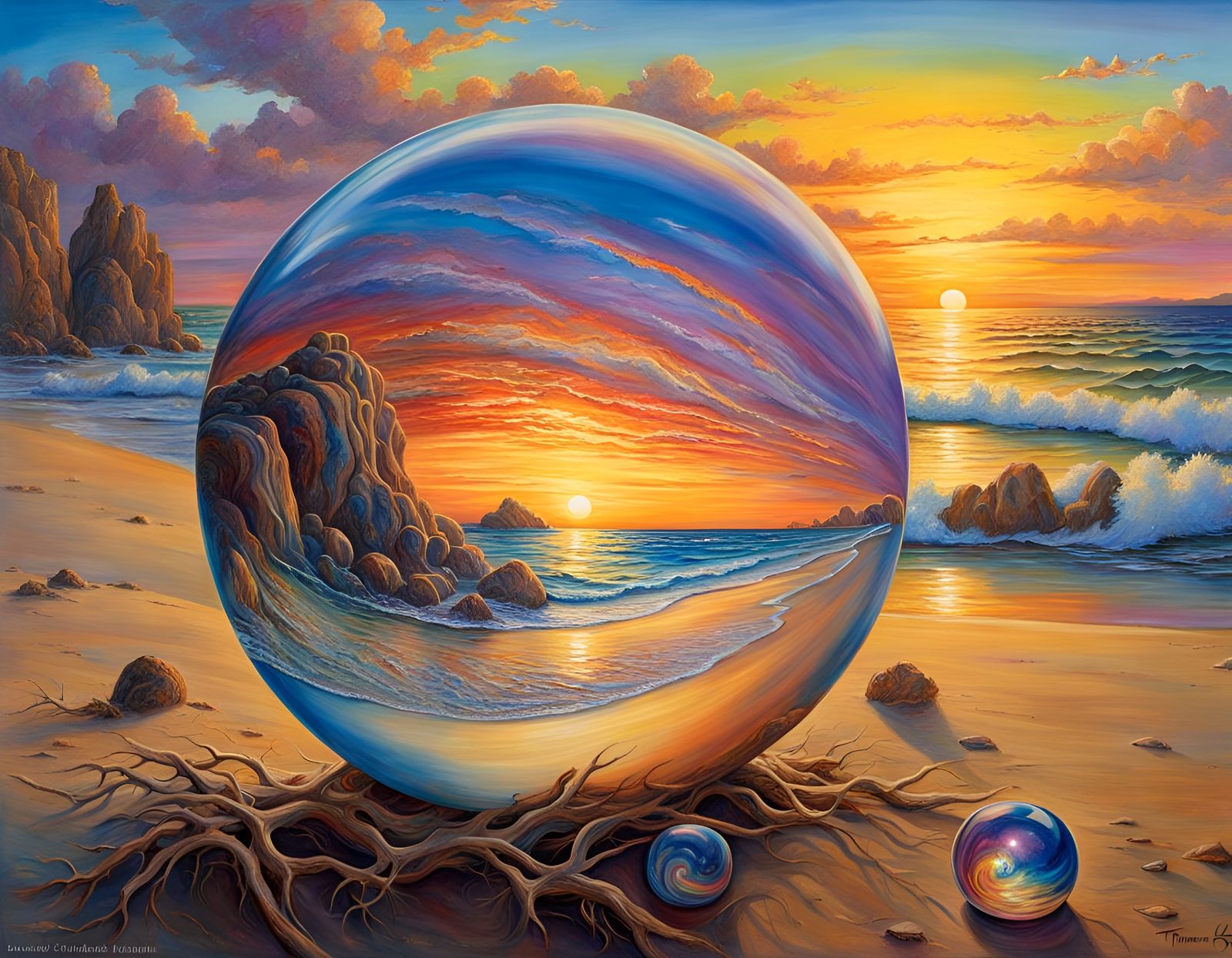 Polychromatic Glass Ball on Beach at Sunset