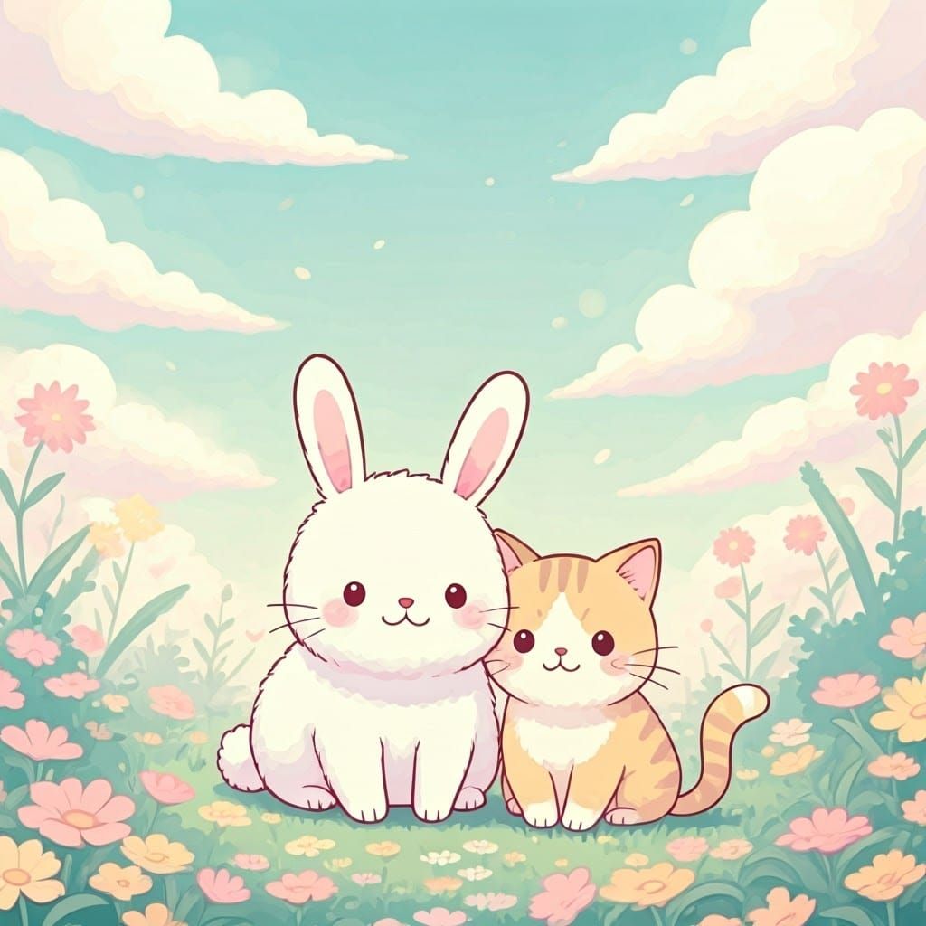 Pastel Kawaii Animals in Anime Style Meadow