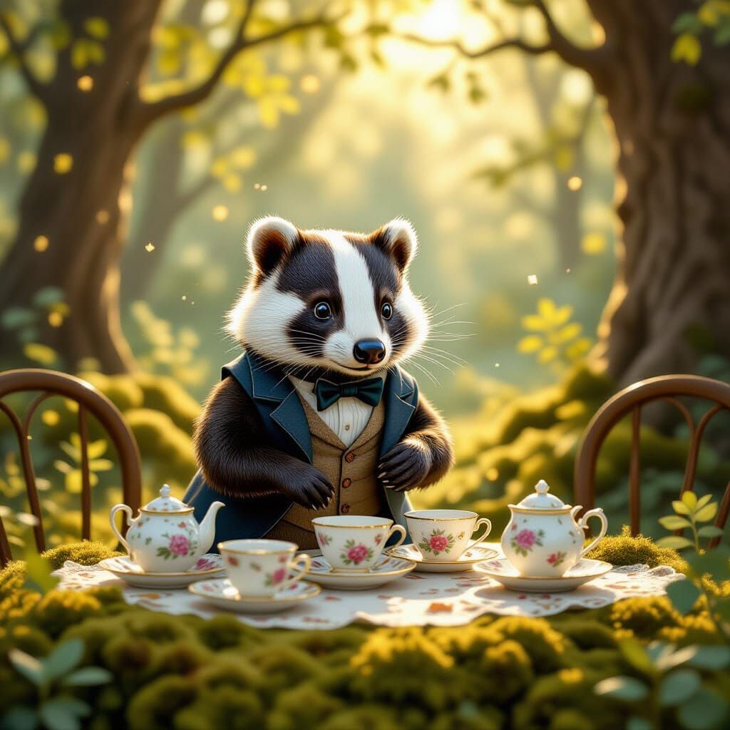 Whimsical Badger Arranges Teacups in Sunlit Forest