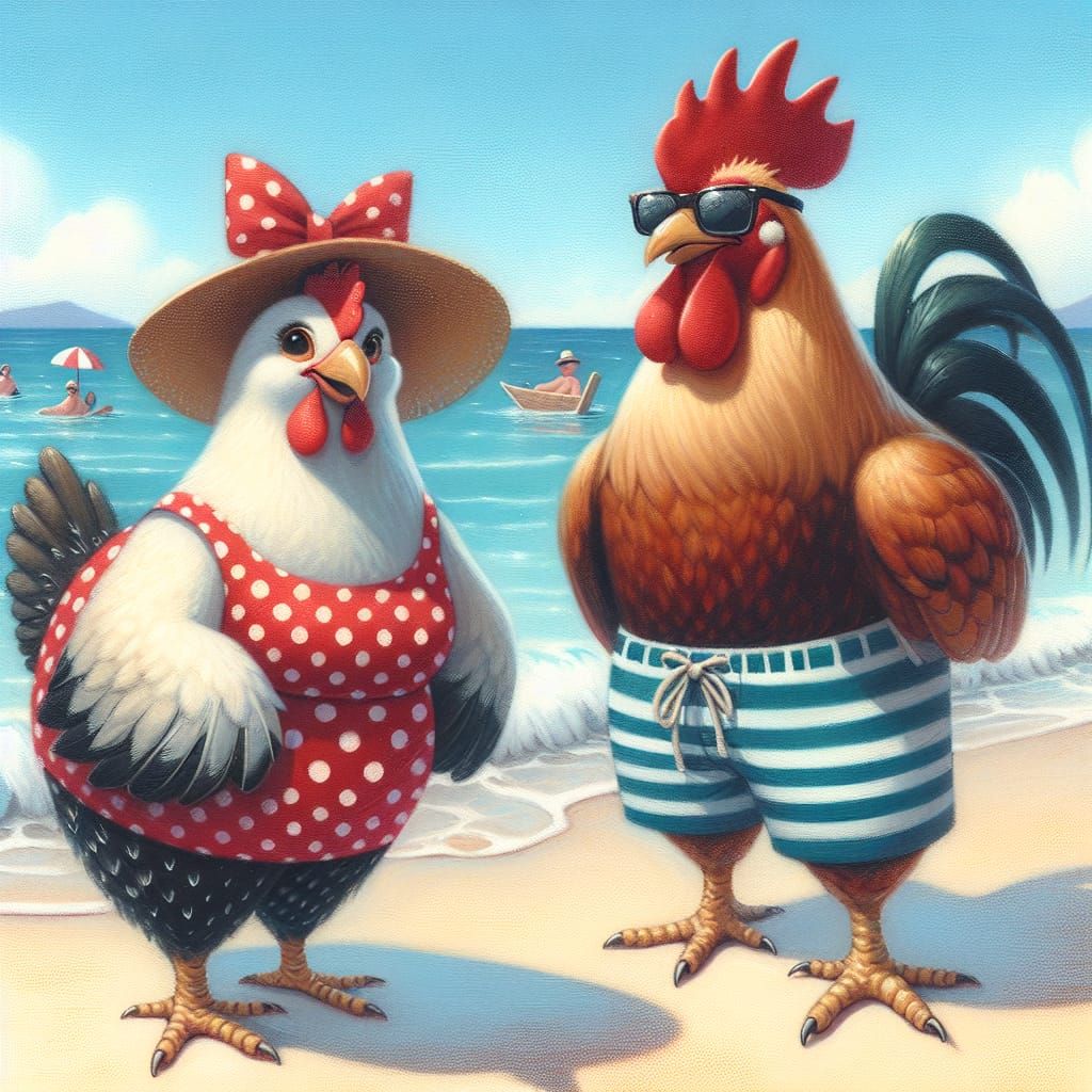 Anthropomorphic Chickens Enjoying Beach Getaway