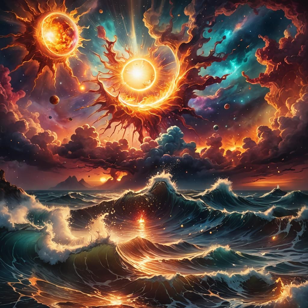 Vibrant Sun Sinks in Cosmic Ocean Illustration