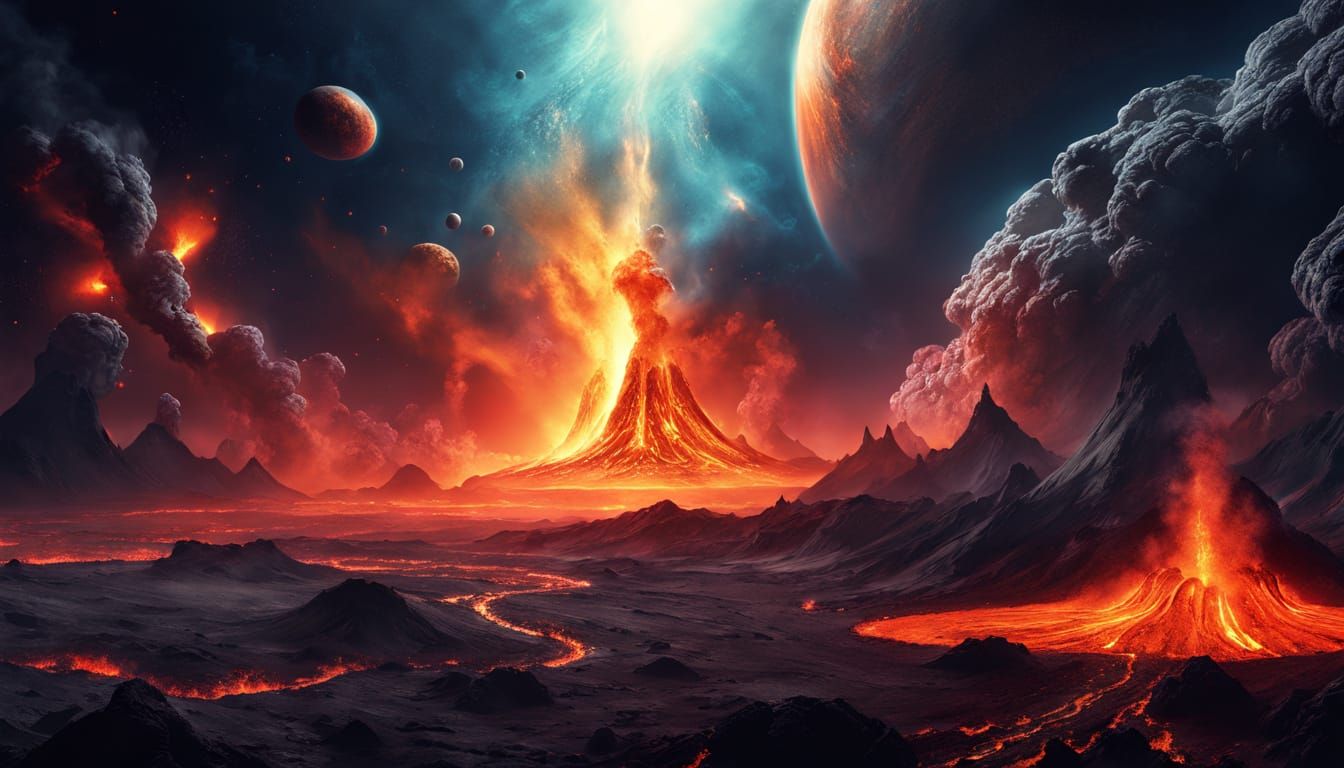 Orbiting Volcanic Planet in Vibrant Oil Painting Style