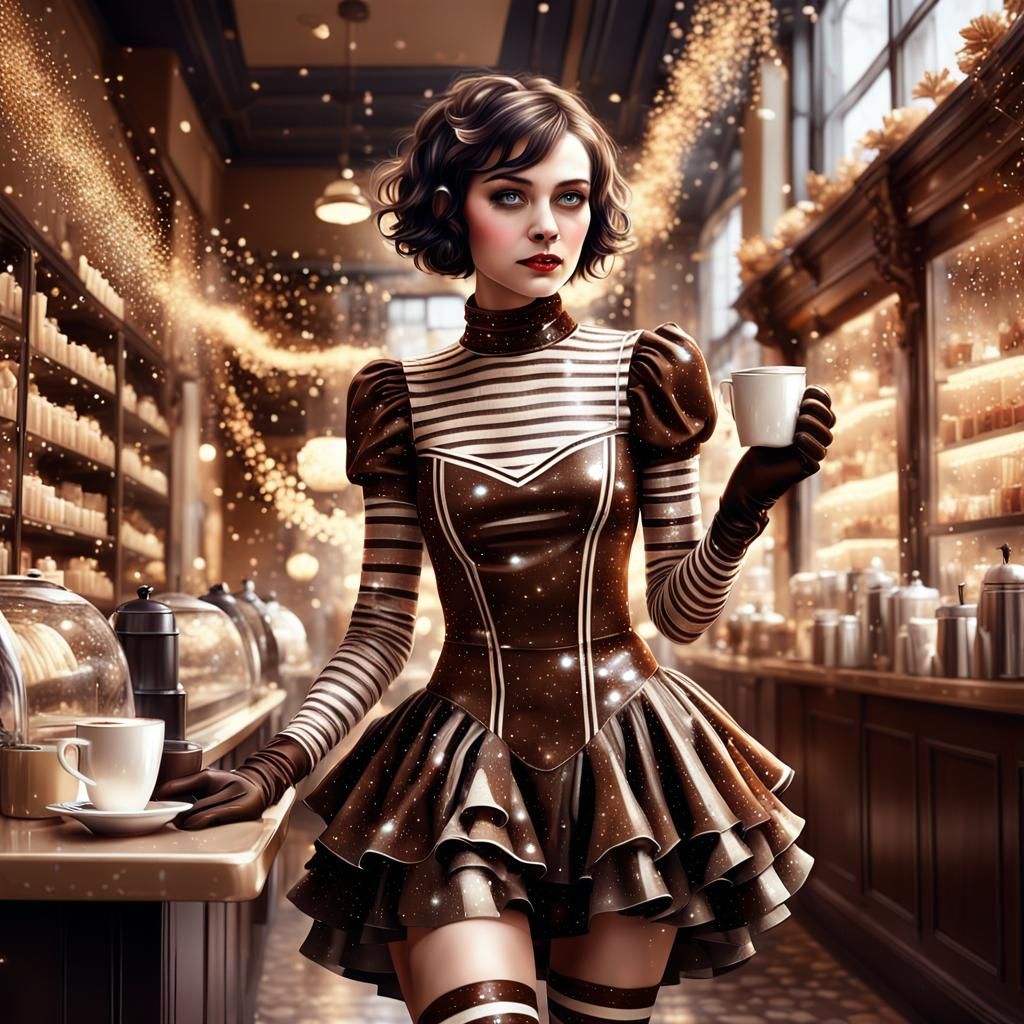 Glamorous Goth Brunette at Coffee Shop: 3D Anime Art