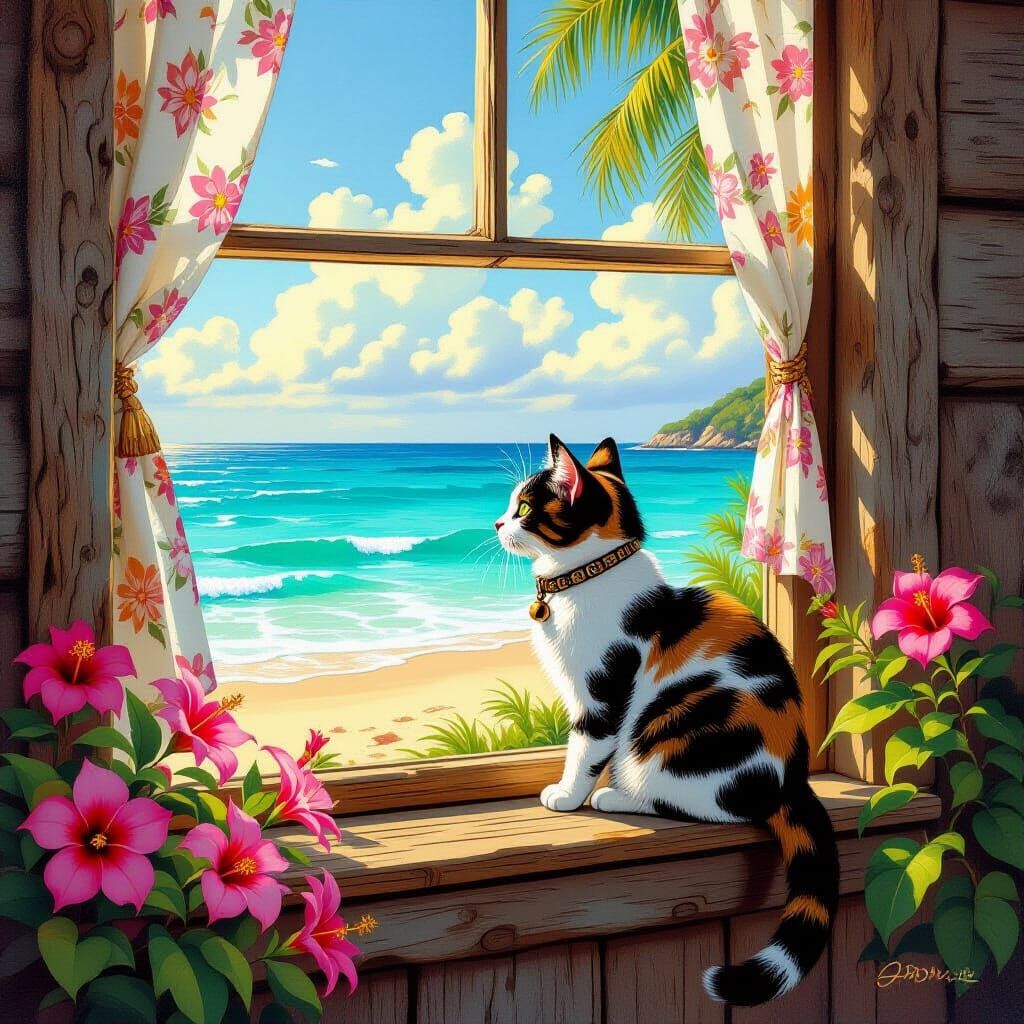 Calico Cat at Beach Cottage in Trompe L'Oeil Style