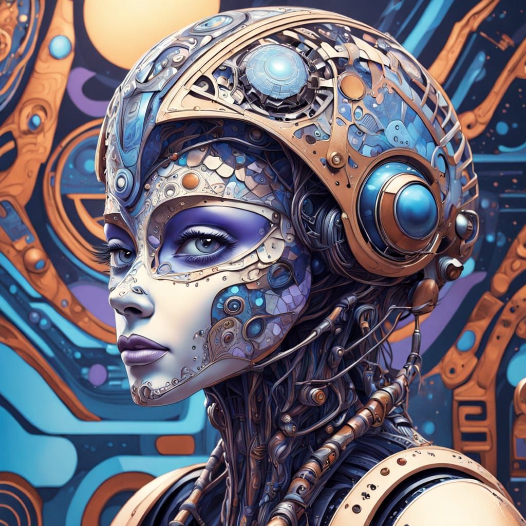 Ethereal Cyborg Goddess in Glowing Egg Helmet