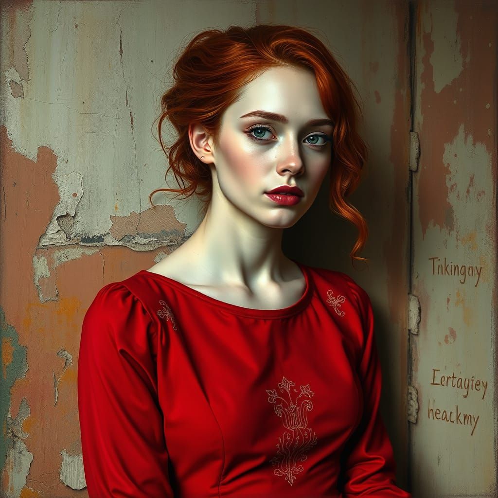 Fierce Woman in Crimson Dress Set Against Grungy Background