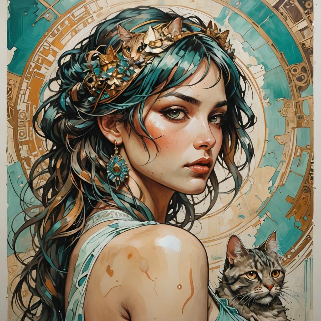 Curvy Woman with Cat in Art Nouveau Style