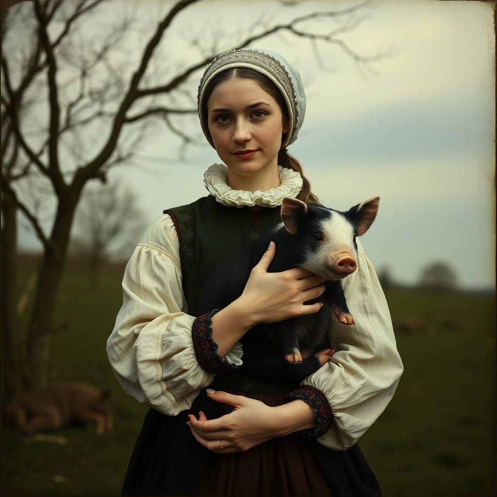 Tudor Woman with Piglet Portrait