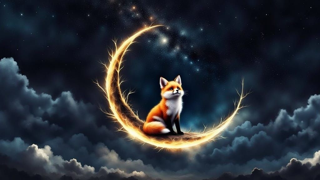 Chibi Fox Gazing at Starry Sky, Watercolour and Ink